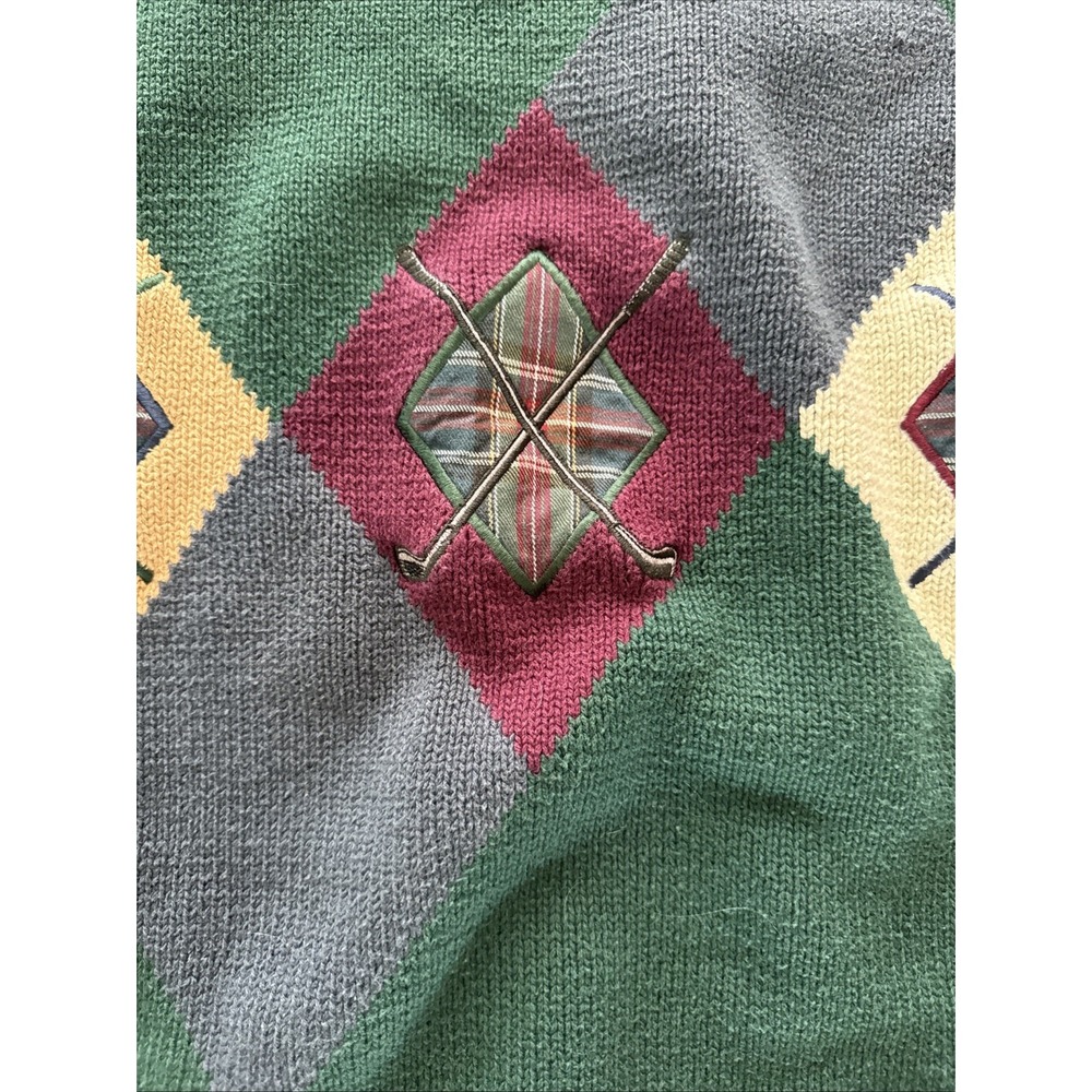 John Ashford Golf Men's VTG 90's Pull Over 100%cotton Sweater Green Sz L Argyle - Picture 2 of 5